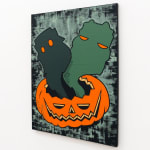 Painting of a black and green ghost coming out of a carved pumpkin on a green and black background