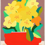 CHIAOZZA - painting of yellow flowers and green leaves coming out from a red low vase.