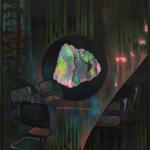 Painting of an iridescent stone floating above a table in the woods