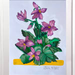 framed David Heo collage of purple flowers and green leaves on a white background