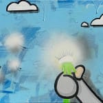 grey character against a blue sky with white clouds