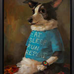 dog sitting upright with t-shirt that says "Eat. Sleep. Run. Repeat." and wearing an apple watch
