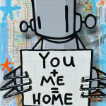 grey robot holding a sign that says "You + Me = Home"