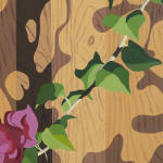 detail of Natalia Juncadella painting of wooden fence with shadows cast over it and orchid