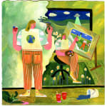 Lindsay Stripling's painting of a figure painting themselves in green and bright colors