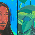 Dennis Brown - Painting of a women with plants. The work is form with two separated square canvas.