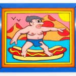 Painting of a man in a blue speedo riding a hotdog like a surfboard on the water with two mountains in the background