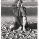 Drawing of a woman with a blindfold kneeling amongst a sea of small figures
