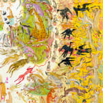 Detail shot of Mu Pan painting of animals and human hybrid creatures eating, fighting, sleeping, etc
