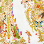Detail shot of Mu Pan painting of animals and human hybrid creatures eating, fighting, sleeping, etc