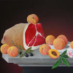 Casey Gray - Spray Painting of stone table of peaches, olives, and prosciutto in front of black background.