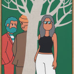 Painting of a three figures standing under a bare tree on a green background
