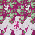Oona Brangam-Snell hand-woven embroidery of eagles, grapes, and figures climbing