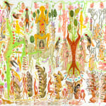 Mu Pan painting of animals and human hybrid creatures eating, fighting, sleeping, etc