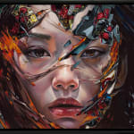 up close portrait of an asian woman with the side of her face covered in comic book imagery moving towards the center of her face framed