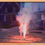 Painting of a firework going off on the sidewalk in front of two houses with bright pink light