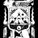 Black and white illustration of a crest like composition depicting a hare with giant ears, large crickets, and the silhouette of a mountain range, laurels, a hare, and a hare by artist Jeremy Fish