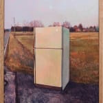 Painting of a white refrigerator on the side of the road on browning grass. In the distance are bare trees and a dimly lite full moon.
