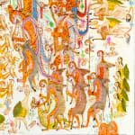 Detail shot of a painting by Mu Pan of creatures, animals and human hybrids eating, sleeping, killing, flying and climbing