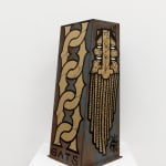 Metal shelf with GATS character painted on the sides and a metal chain painted on the back