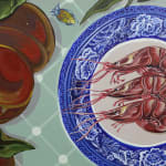 Sabrina Bockler - detail of shrimp on blue china plate with peaches