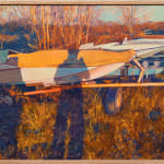 Painting of a photo of a small boat on grass. The sun is setting and you can see the shadow of the person taking the photo reflected on the boat.