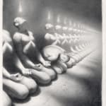 drawing of a line of men kneeling with a light above their heads by Miles Johnston