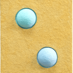 CHIAOZZA - pigmented paper pulp mix media work of two baby blue sphere mounted in mustard yellow background