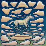 Painting of a white horse running through a ton of clouds