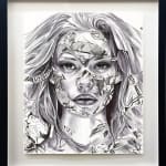 ink drawing of a woman with torn comic book piece across her faces