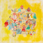 A painting by KeFe depicting a cluster of different animals and creatures against a bright yellow background.