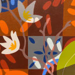 Natalia Juncadella painting of oranges, flowers and coffee on orange background detail