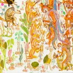 Detail shot of a painting by Mu Pan of creatures, animals and human hybrids eating, sleeping, killing, flying and climbing