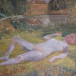 Painting of a half naked woman laying in the grass on her back facing the sky. There are several plants and small flowers surrounding her. She has yellow underwear on and orange short hair.