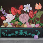 Casey Gray - Spray Painting of a stone table with macarons and flowers in a black box with teal flower pattern in front of black background.