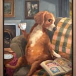 A painting of a dog sitting on a green couch holding a cup of tea and reading a book.