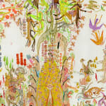 Detail shot of Mu Pan painting of animals and human hybrid creatures eating, fighting, sleeping, etc