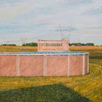 Painting of a pink above ground pool with blue mosaic tiles on green grass with power lines in the distance