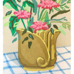 still life painting of pink flowers on a white and blue check tablecloth