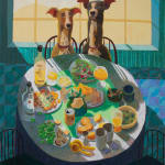 Painting of two greyhound dogs seated at a round table full of food