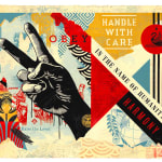 collaged image with a hand holding a prace sign, various geometric patterns, text, and other images in blue, red, and yellow