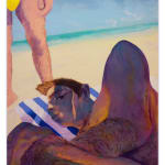 Painting of a man laying the beach under the shade of an umbrella. There is another man standing above him, you can only see the bottom half of his body, he is wearing a yellow speedo. In the background is the ocean.