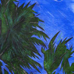 close up of palm trees on a dark blue background