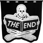 embroidered black and white banner of a skeleton sitting cross legged reading a book