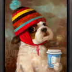 dog holding a coffee cup wearing a multicolor striped beanie