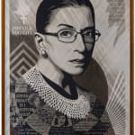 black and white portrait of Ruth Bader Ginsberg with a patterned background