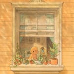 drawing of a figure tending to a plants on an open window sill