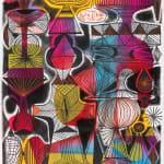 Abstract painting of various paper lanterns in black and white outline with strokes of watercolor paint over in red, yellow, pink and blue.