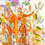 Detail shot of a painting by Mu Pan of creatures, animals and human hybrids eating, sleeping, killing, flying and climbing