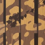 Detail of Natalia Juncadella painting of wooden fence with shadows cast over it and orchid
